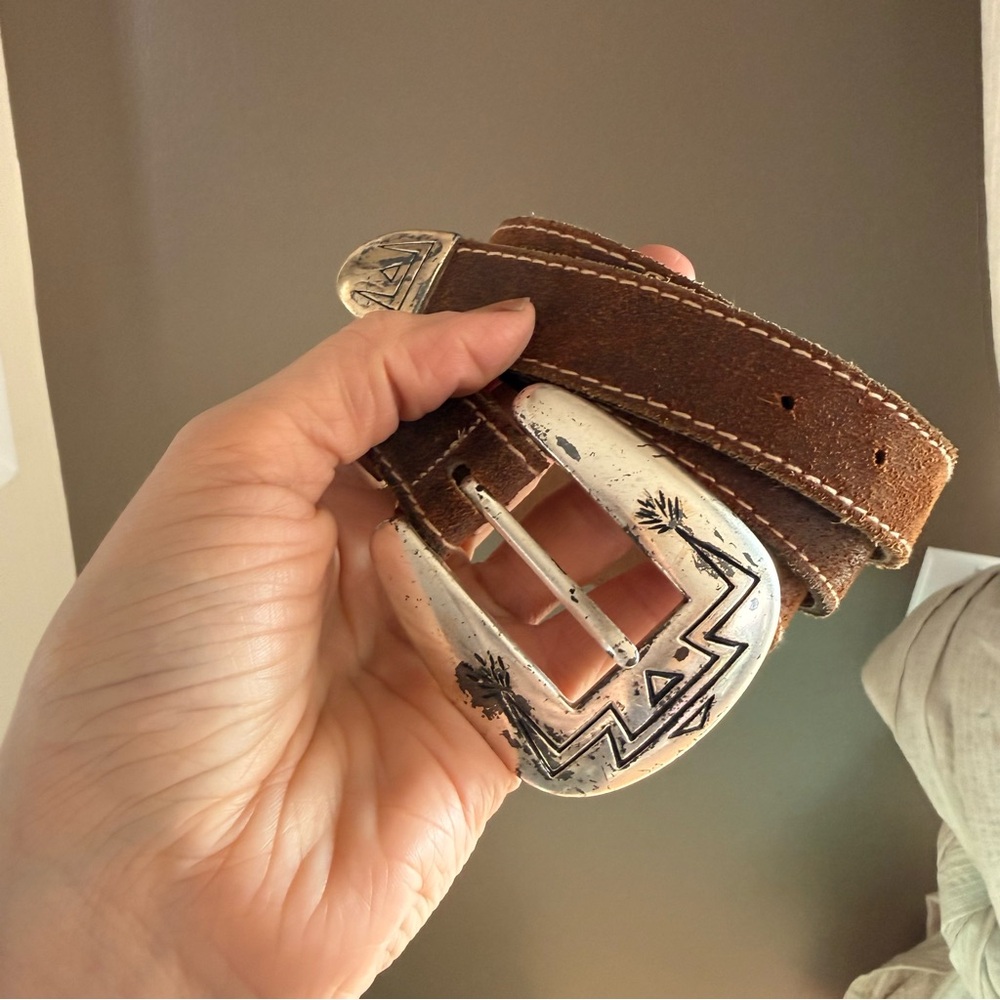 Vintage Southwestern Brown Leather Belt Silver Buckle Size 34 Western Y2K